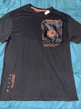Time + Space - Black Graphic Tee with Orange Pocket Accent - XL